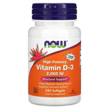 Étiquette NOW Foods Vitamine D-3 indiquant 50 µg par gélule pour l'apport quotidien