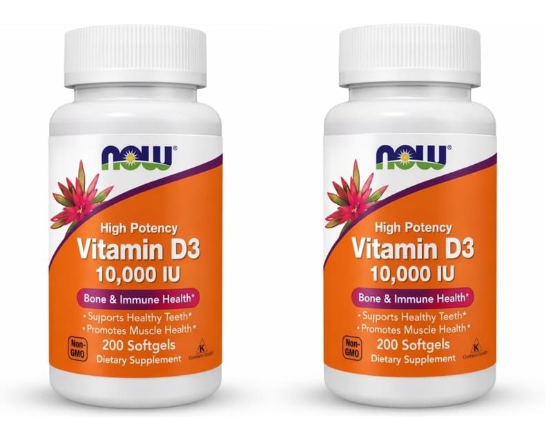 NOW Foods Vitamine D3 10 000 UI, flacon pratique pour usage quotidien.