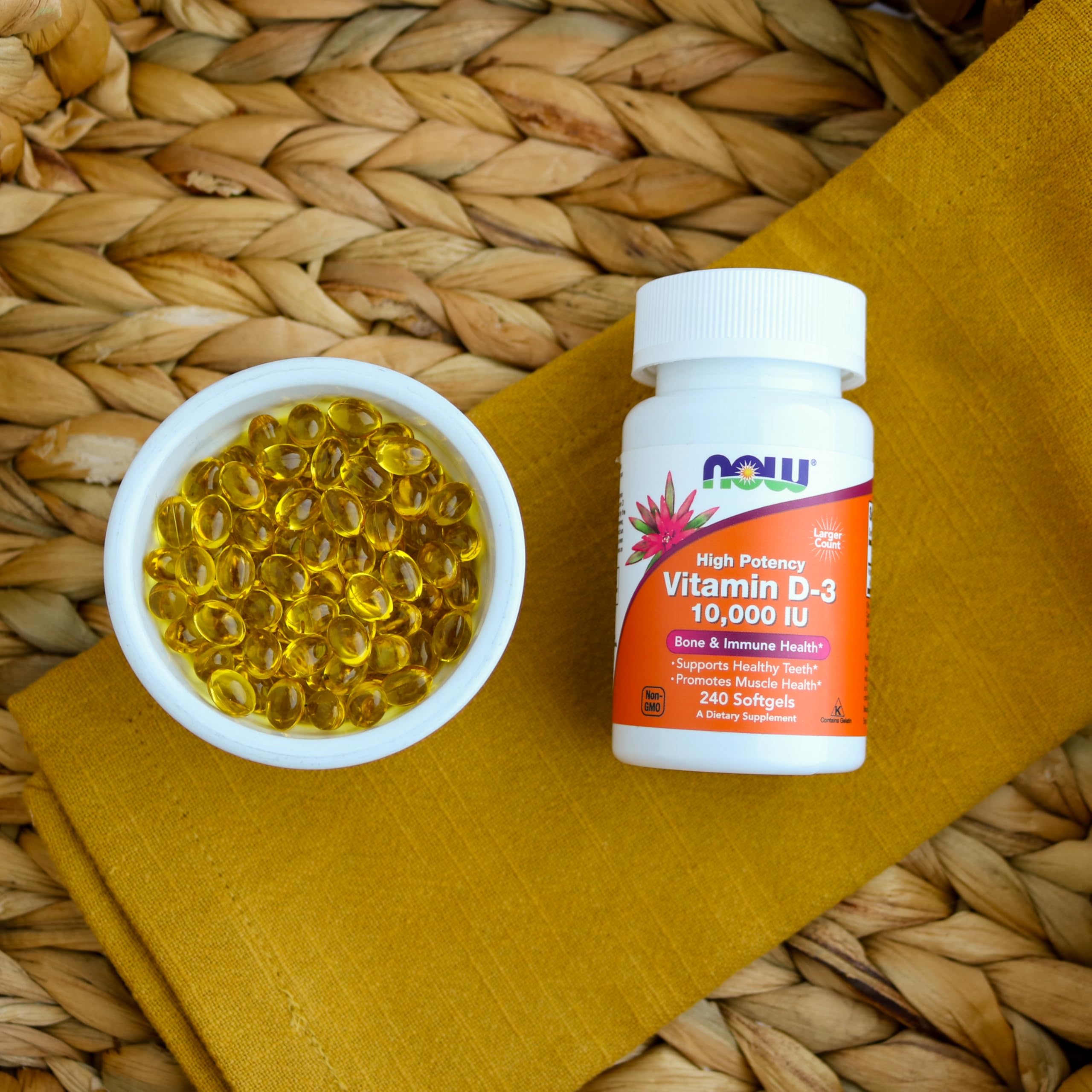 NOW Foods vitamine D-3 10000 UI – dosage quotidien clair facilitant le suivi.