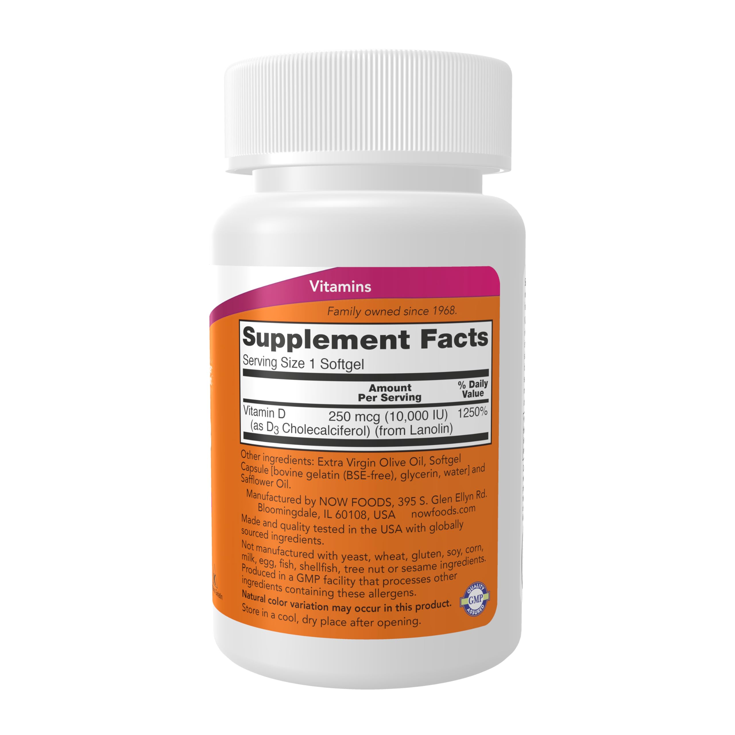Étiquette et emballage NOW Foods Vitamine D-3 10 000 UI, dosage visible