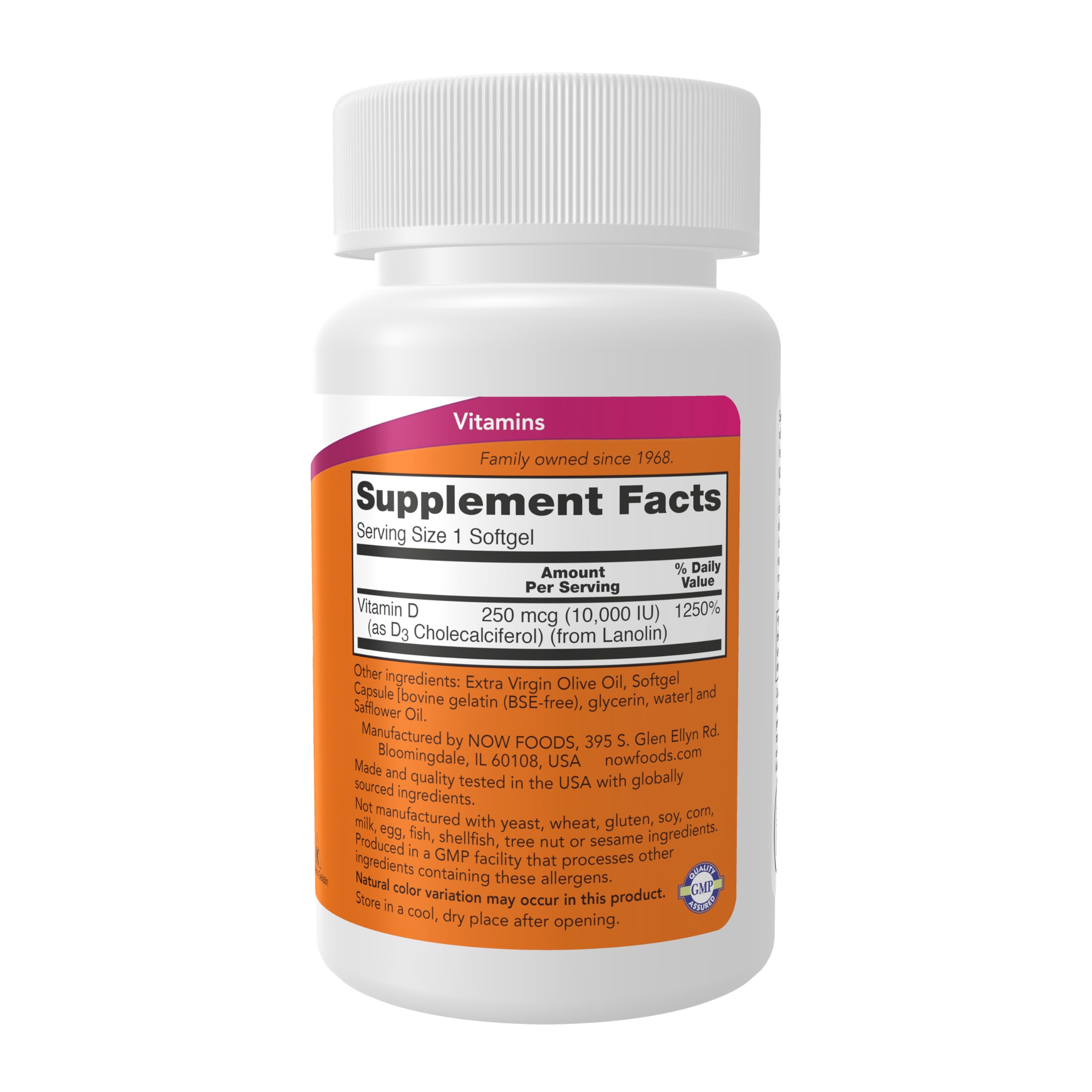 NOW Foods Vitamine D3 10000 UI gelules liquides faciles à avaler.