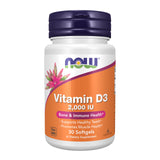 NOW Foods Vitamine D-3 2000 UI — bouteille et gélules molles.