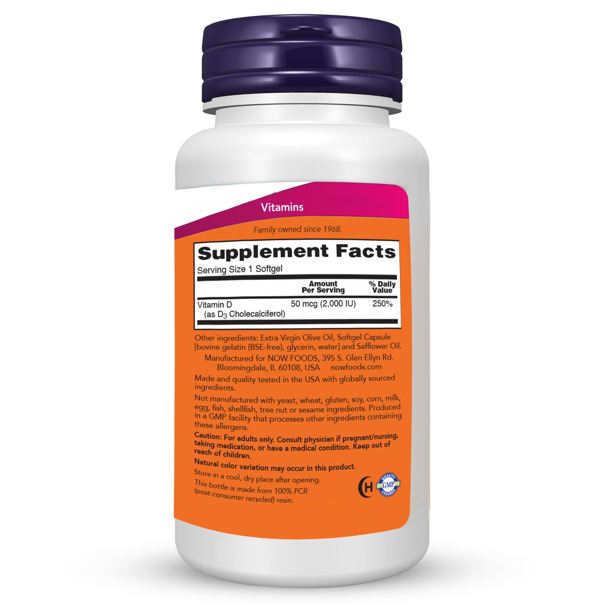 Étiquette NOW Foods Vitamine D-3 2000 UI sur l'emballage, information claire