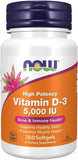 NOW Foods Vitamine D3 bouteille avec étiquette, soutien potentiel à la santé des os et à l'immunité.