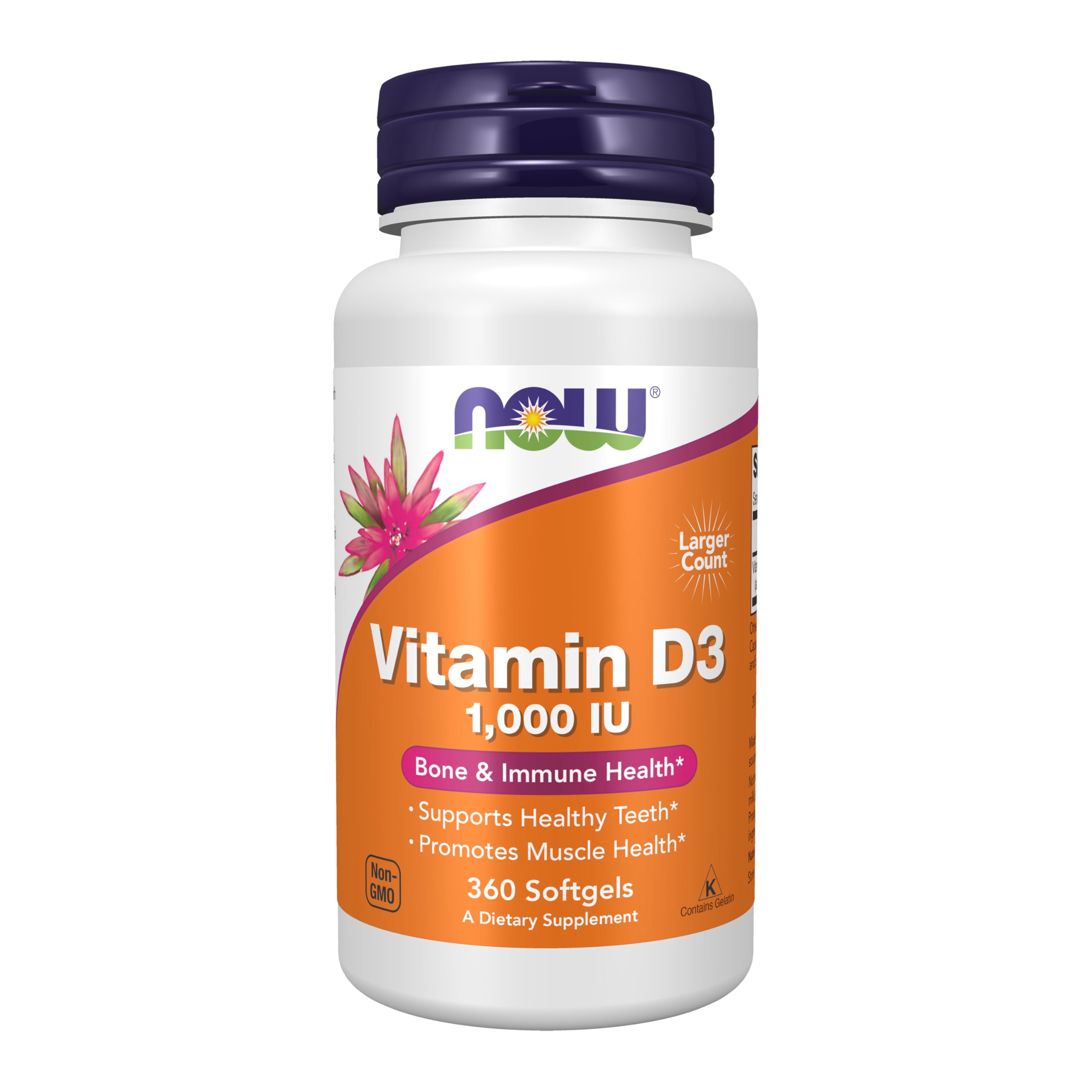 NOW Foods Vitamin D-3: bouteille-gelules-molles avec absorption élevée.