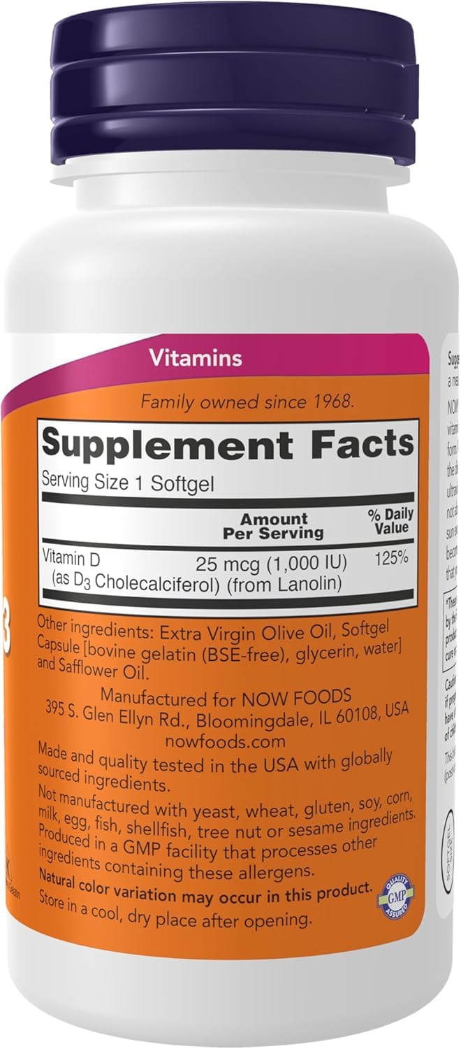 NOW Foods Vitamine D-3 gélules - dosage quotidien pratique