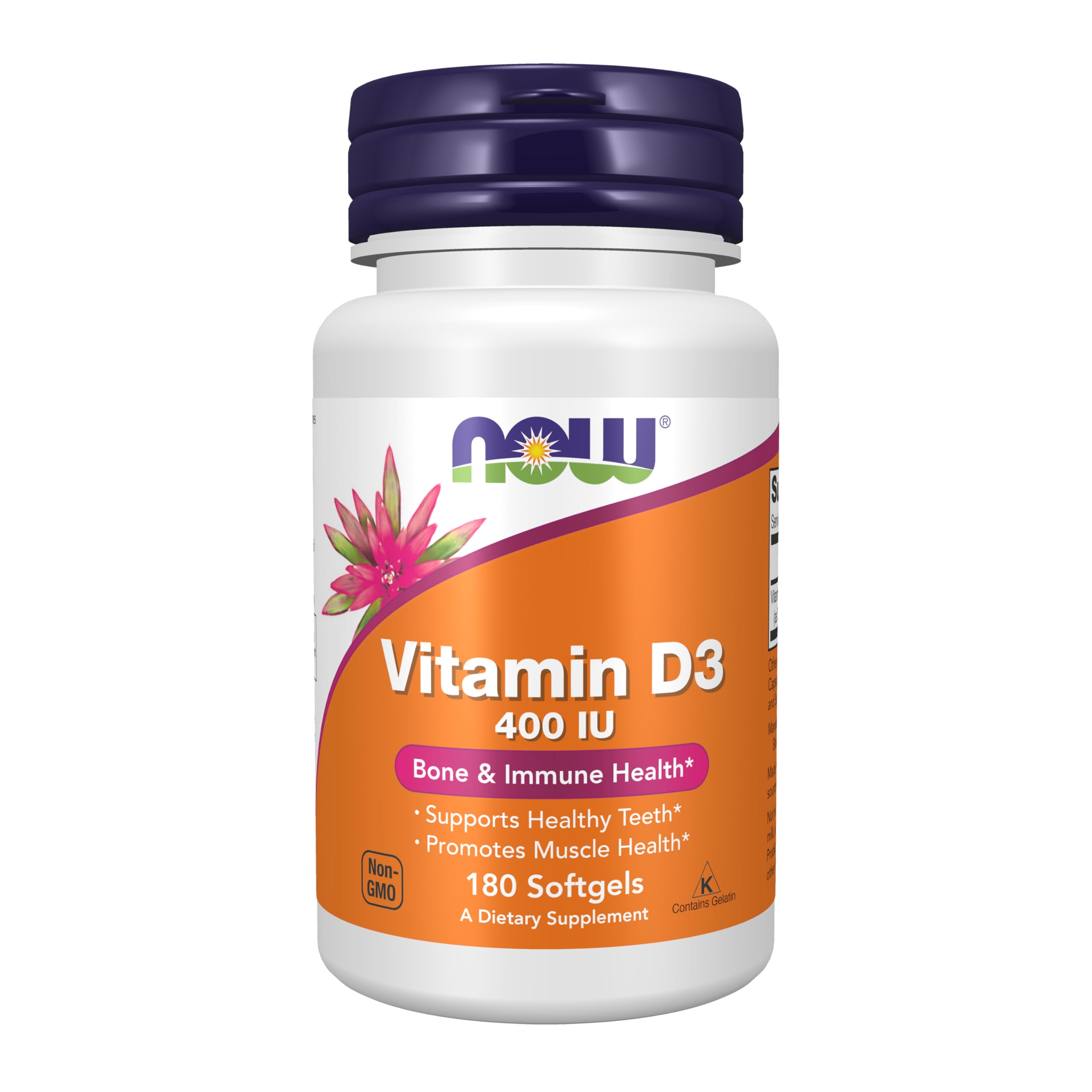 NOW Foods Vitamine D3 capsules molles dans une bouteille.