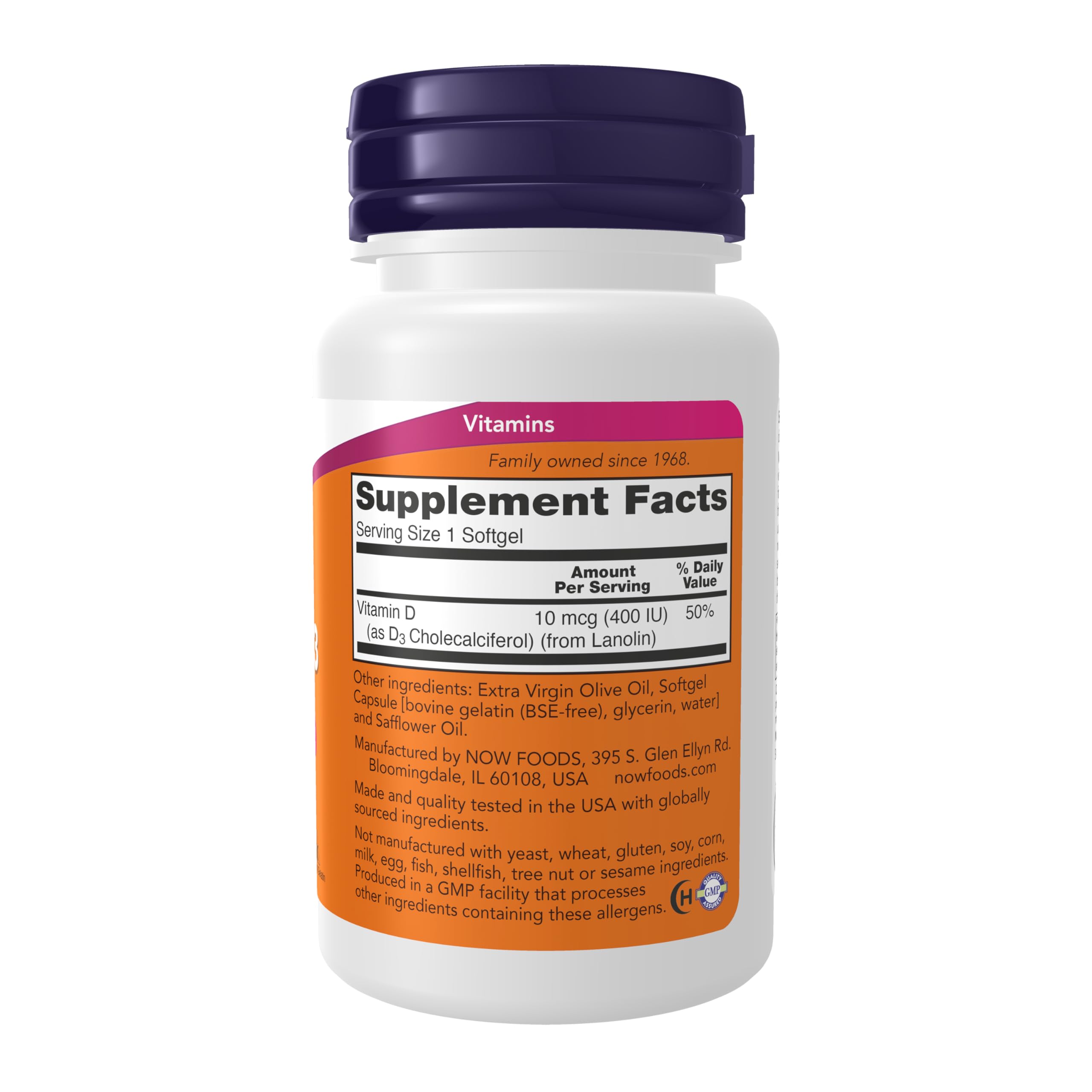 NOW Foods Vitamine D3 etiquette et packaging visibles.