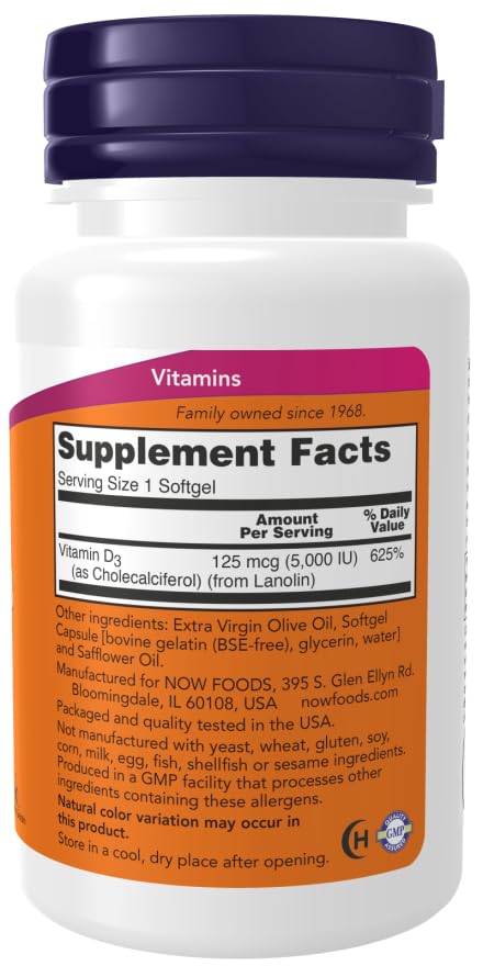 NOW Foods Vitamine D3 – dosage quotidien recommandé imprimé sur l'étiquette.