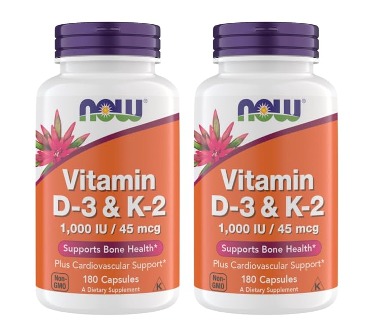Now Foods Vitamine D3 K2 — bouteille pratique soutenant potentiellement la santé des os et du cœur.