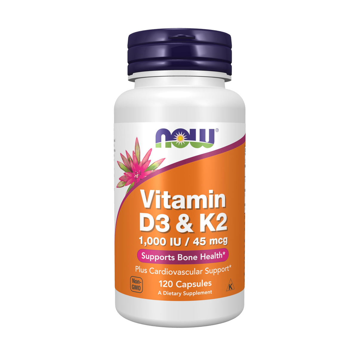 NOW Foods vitamine D-3 et K-2, bouteille montrant les capsules véganes pour le soutien osseux