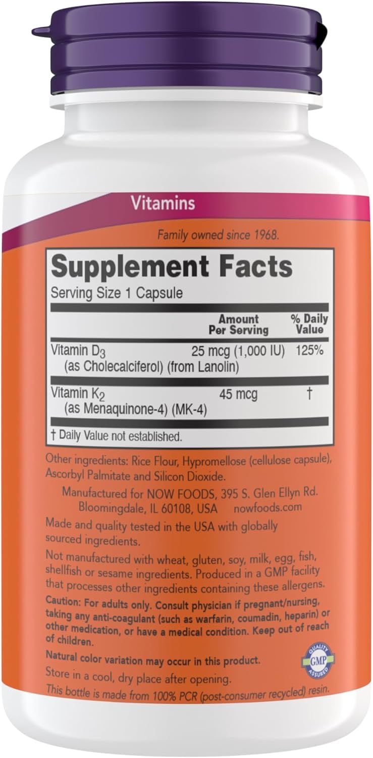 Now Foods Vitamine D3 K2 — capsules véganes faciles à avaler pour l'apport quotidien.