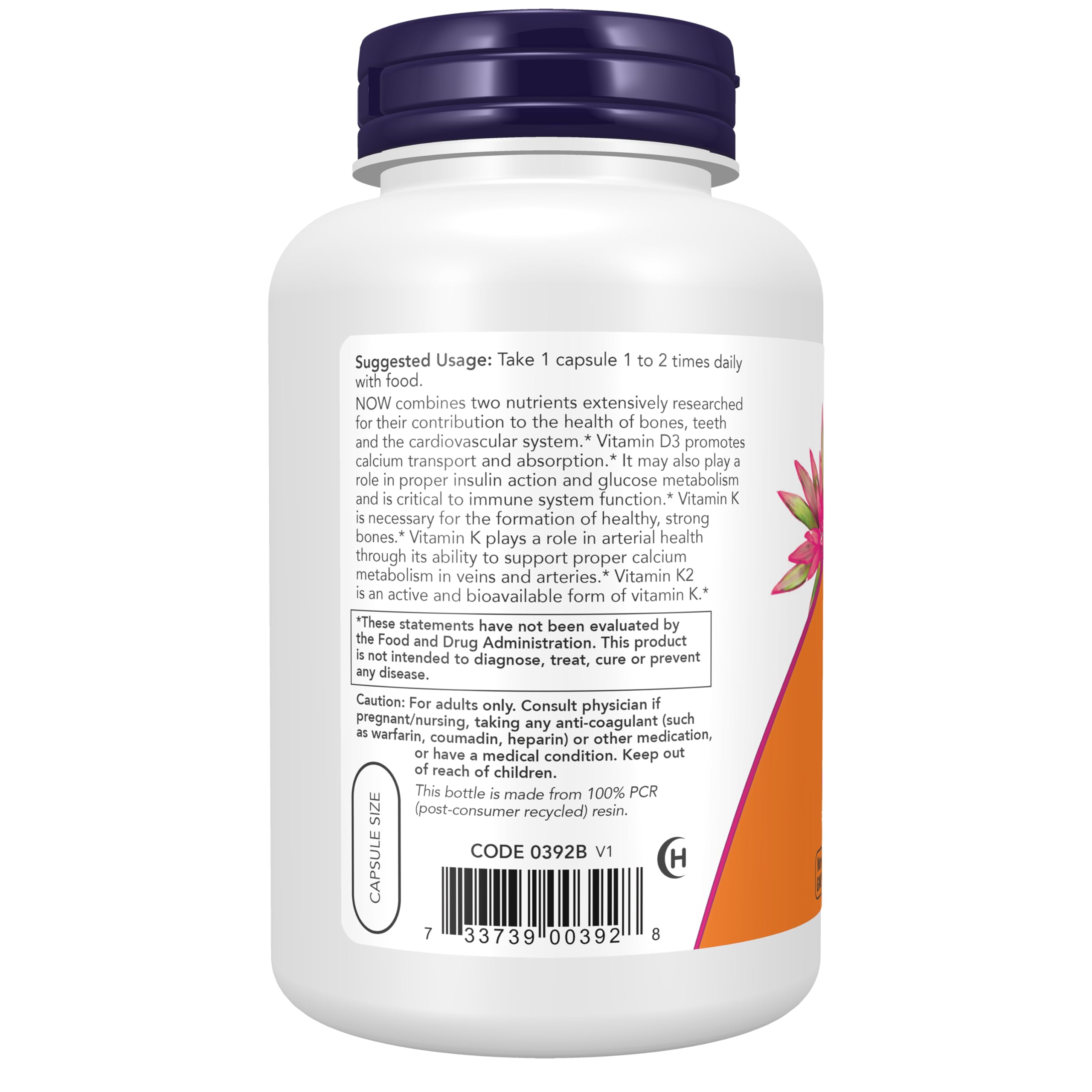 NOW Foods vitamine D3 et K2 – Étiquette et emballage clairs.