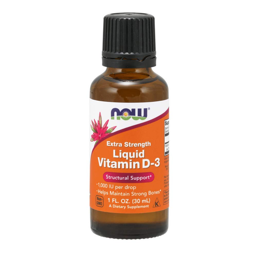 NOW Foods Vitamine D3 liquide, bouteille, dosage pratique pour votre routine quotidienne.