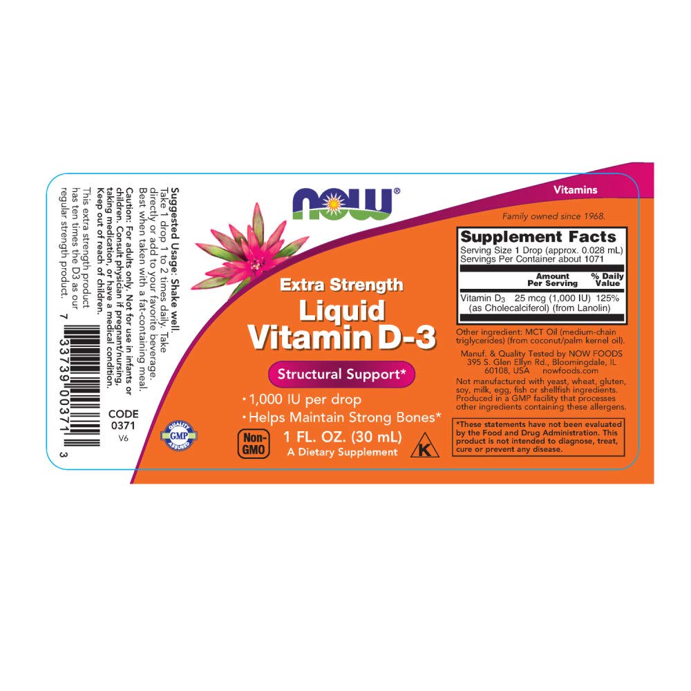 NOW Foods Vitamine D3 liquide avec goutte-pipette pour dosage précis.