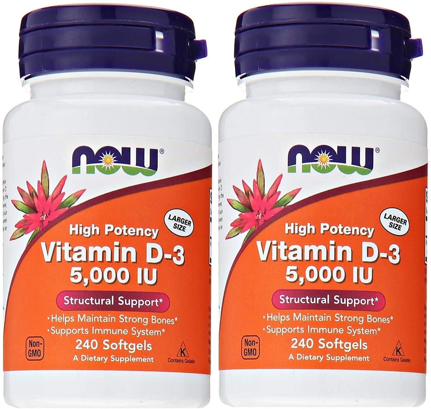 NOW Foods Vitamine D3 softgels, image de la bouteille et des capsules, soutien potentiel immunitaire et densité osseuse