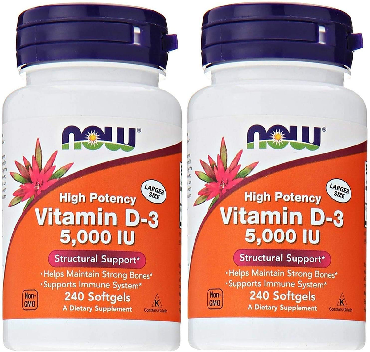 NOW Foods Vitamine D3 softgels, image de la bouteille et des capsules, soutien potentiel immunitaire et densité osseuse