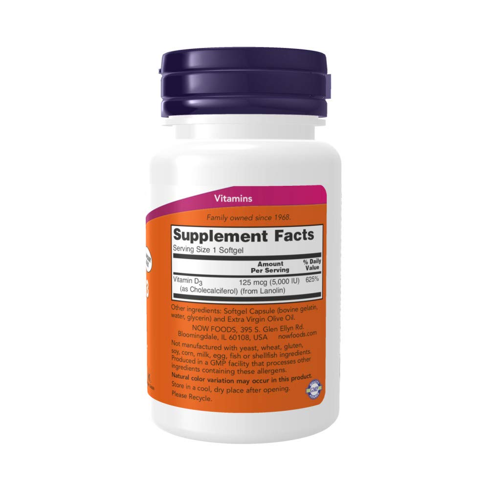 Capsules softgel NOW Foods D3, démontrant la forme liquide pour absorption potentielle