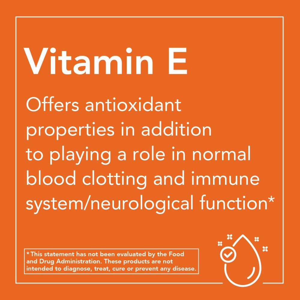 Emballage américain NOW Foods Vitamine E 400 UI, fabriqué aux États-Unis.