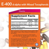 Étiquette NOW Foods Vitamine E 400 UI avec informations nutritionnelles claires.
