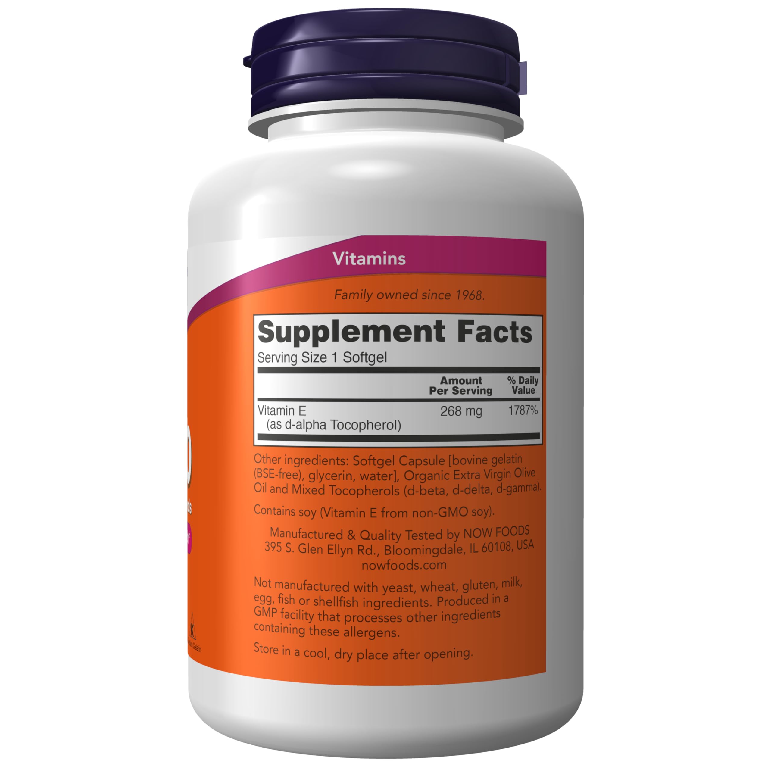 NOW Foods Vitamine E 400 UI — étiquette détaillant les ingrédients et l’utilisation quotidienne.