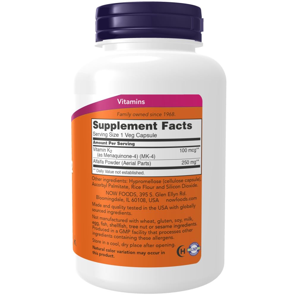 NOW Foods Vitamine K-2 250, gélules végétales, aide potentielle à l’absorption du calcium.