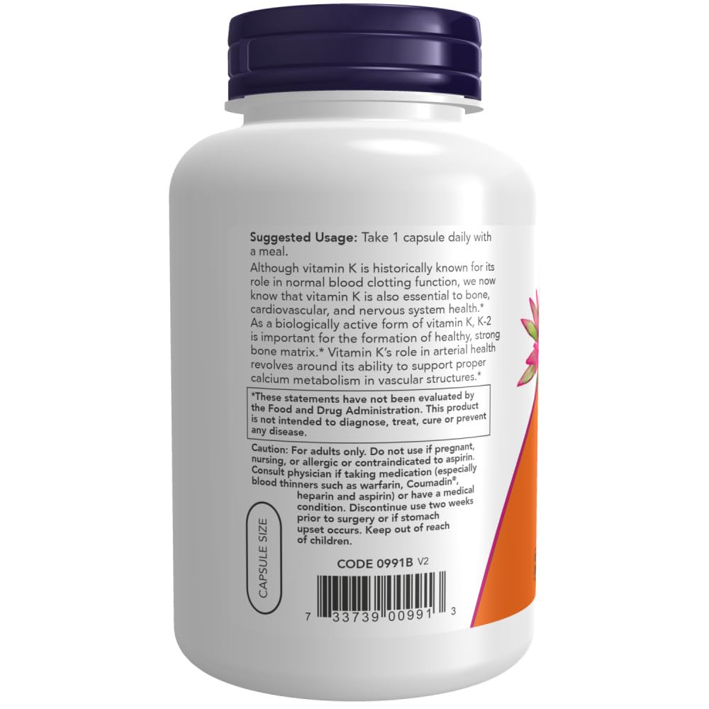 NOW Foods Vitamine K-2 250, gélules, santé osseuse potentielle.