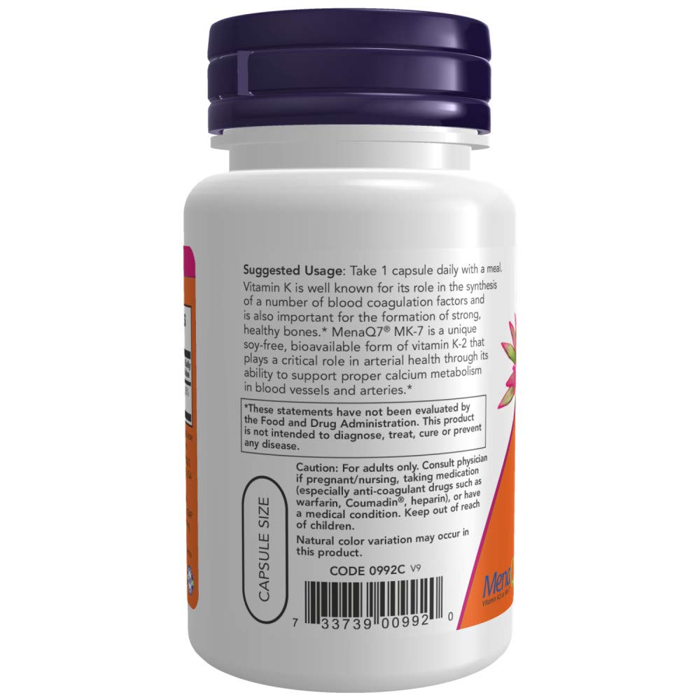 Étiquette NOW Foods K-2 MK-7 montrant les certifications et le dosage.