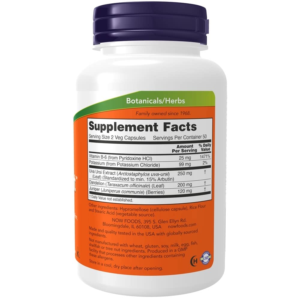 NOW Foods Water Out – Étiquette montrant Uva Ursi et Dandelion pour référence des composants.