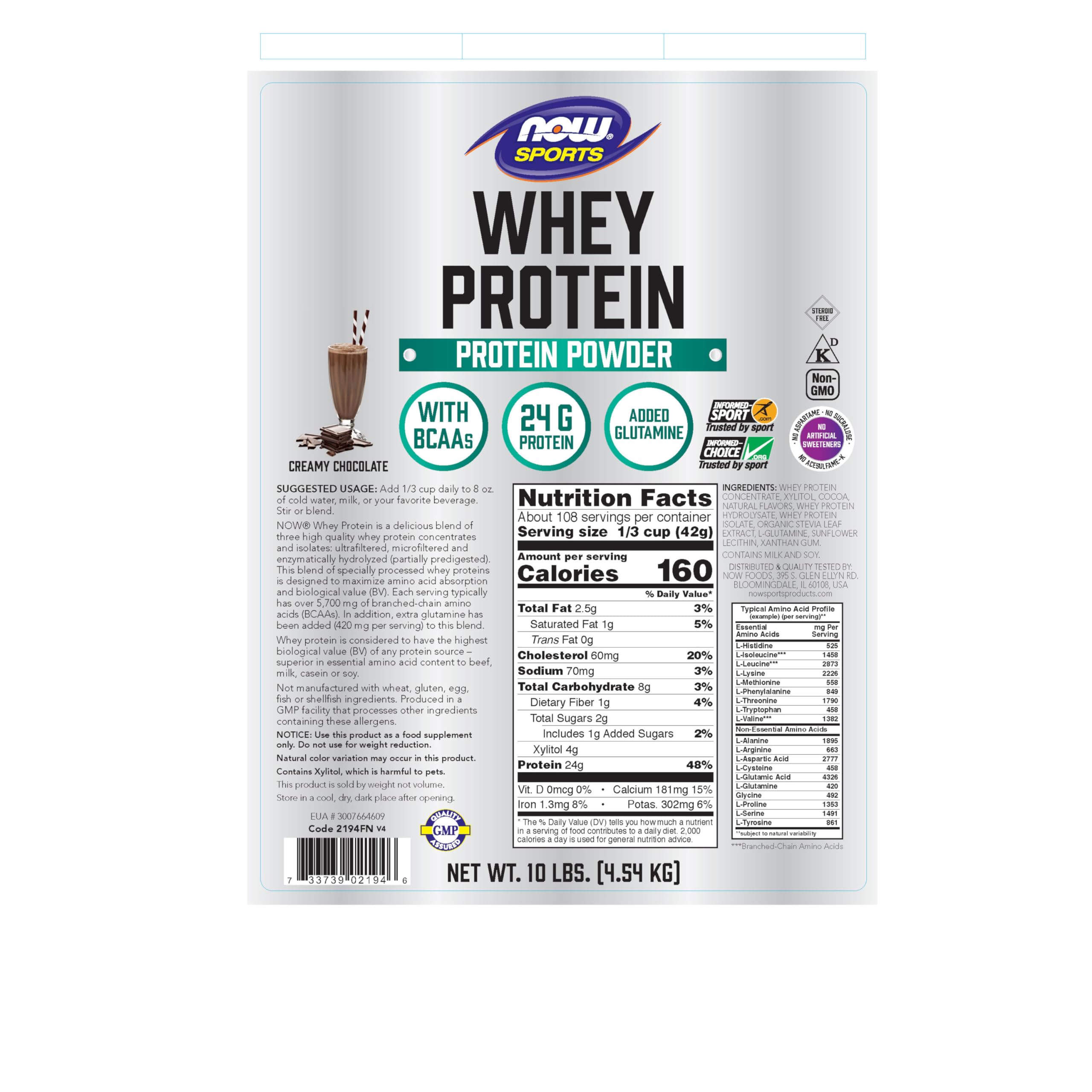 NOW Foods Whey Protein crème chocolat shake dans un verre, saveur riche et onctueuse