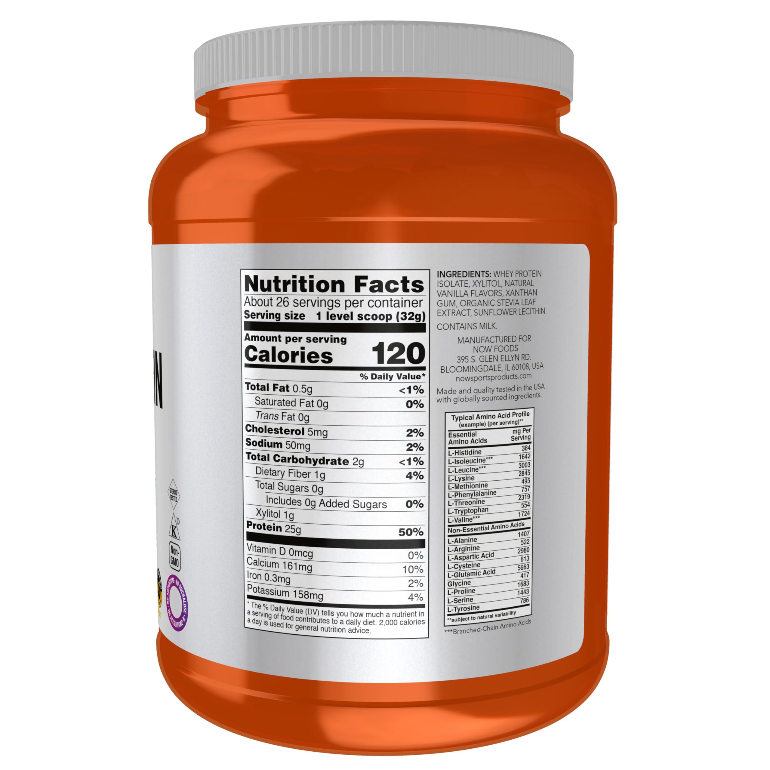 NOW Foods Isolat Protéique Vanille Crème - poudre fine dans un verre prêt à être mélangé.