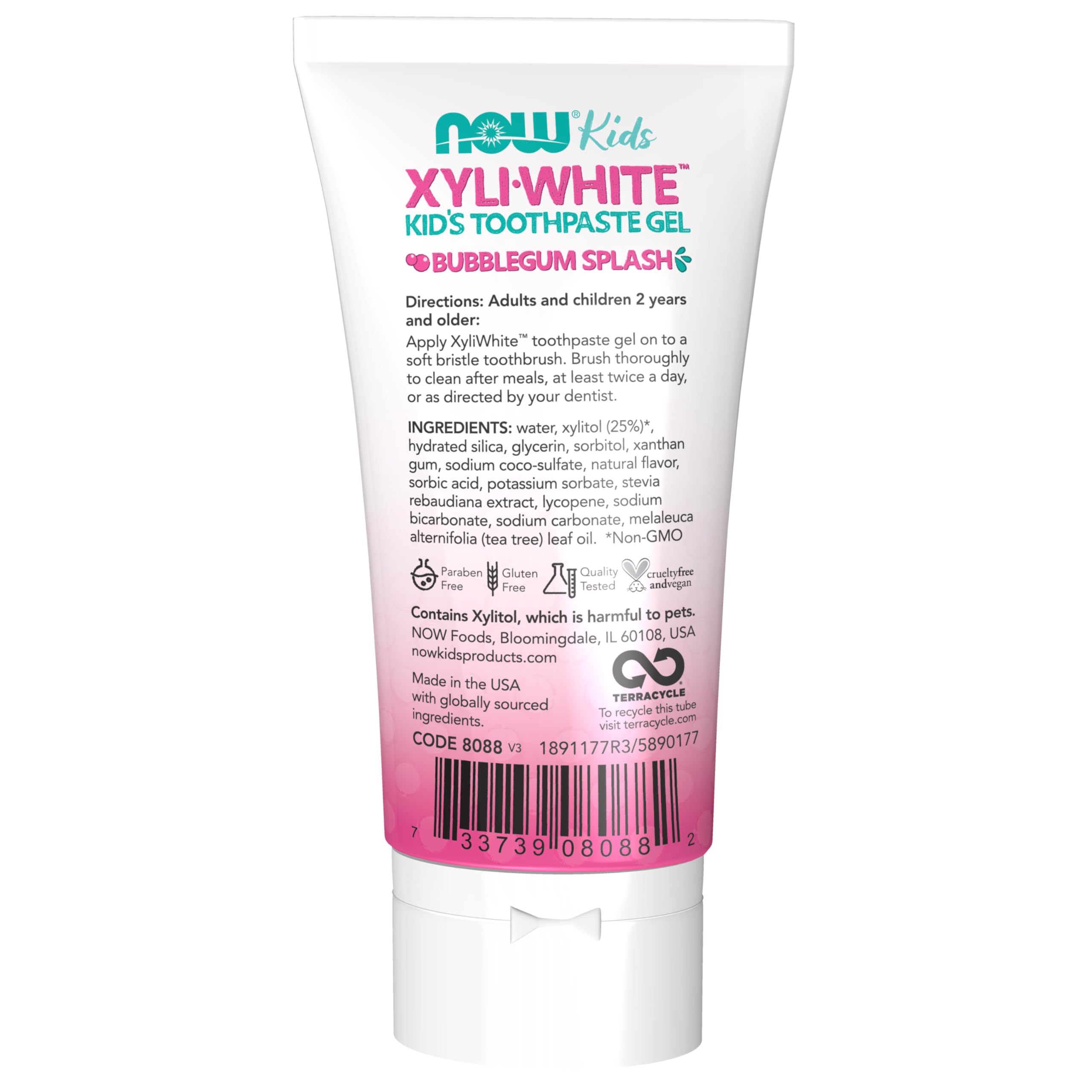 Tube de dentifrice NOW Foods XyliWhite Bubblegum Splash pour enfants, texture gel douce.