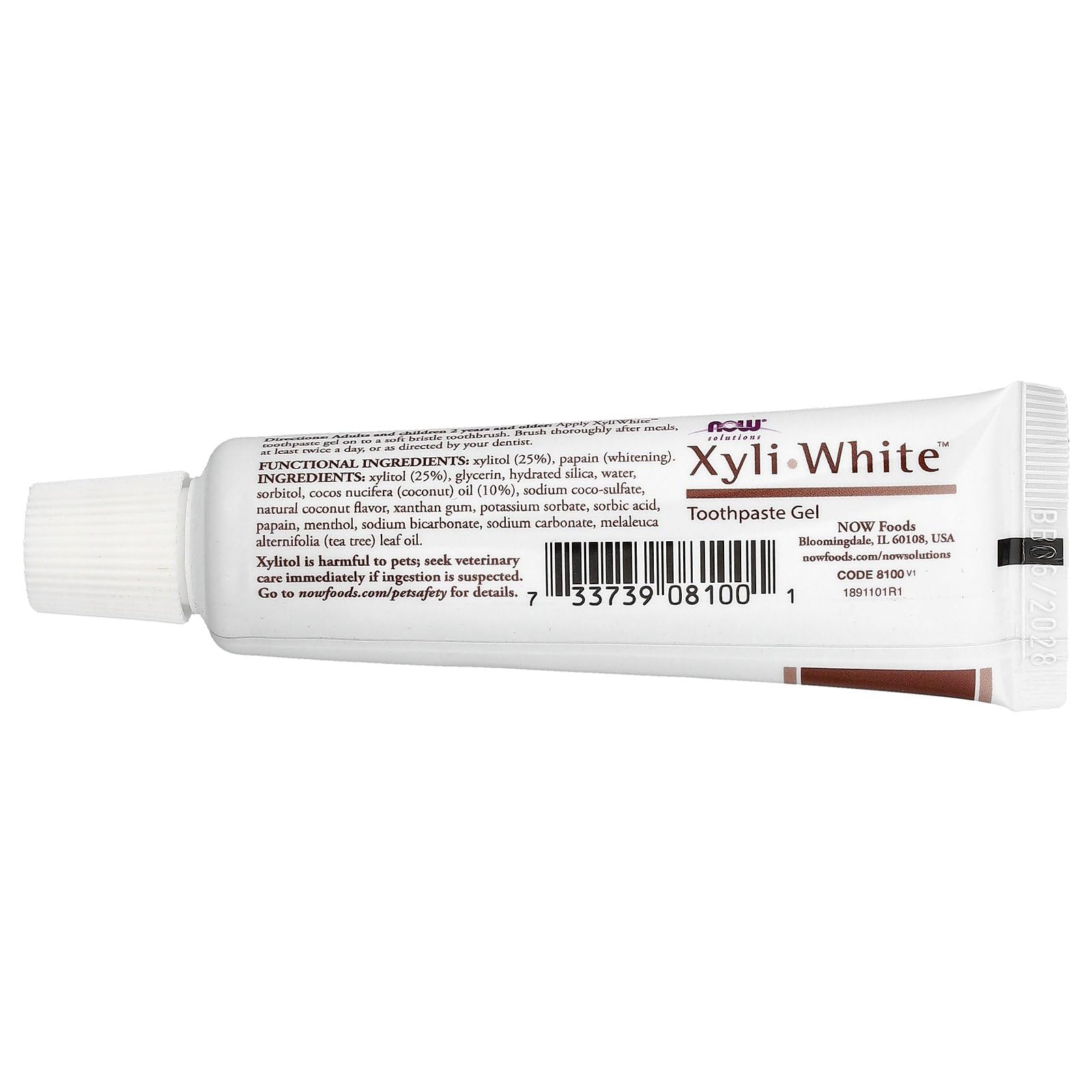 NOW Foods XyliWhite tube-gel dentifrice noix-de-coco, application pratique et texture fluide.