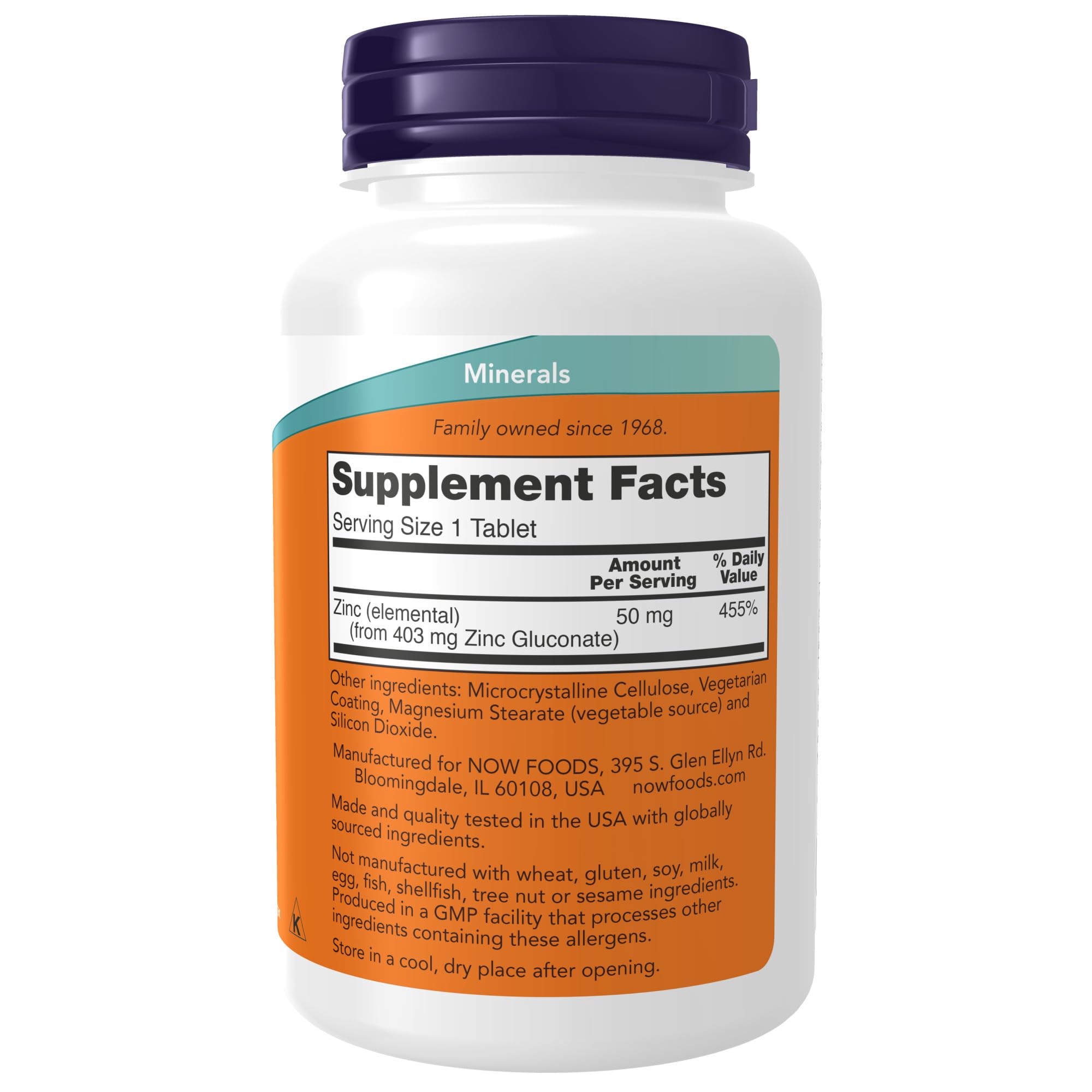 NOW Foods Zinc 50 mg - étiquette lisible, informations essentielles sur le zinc.