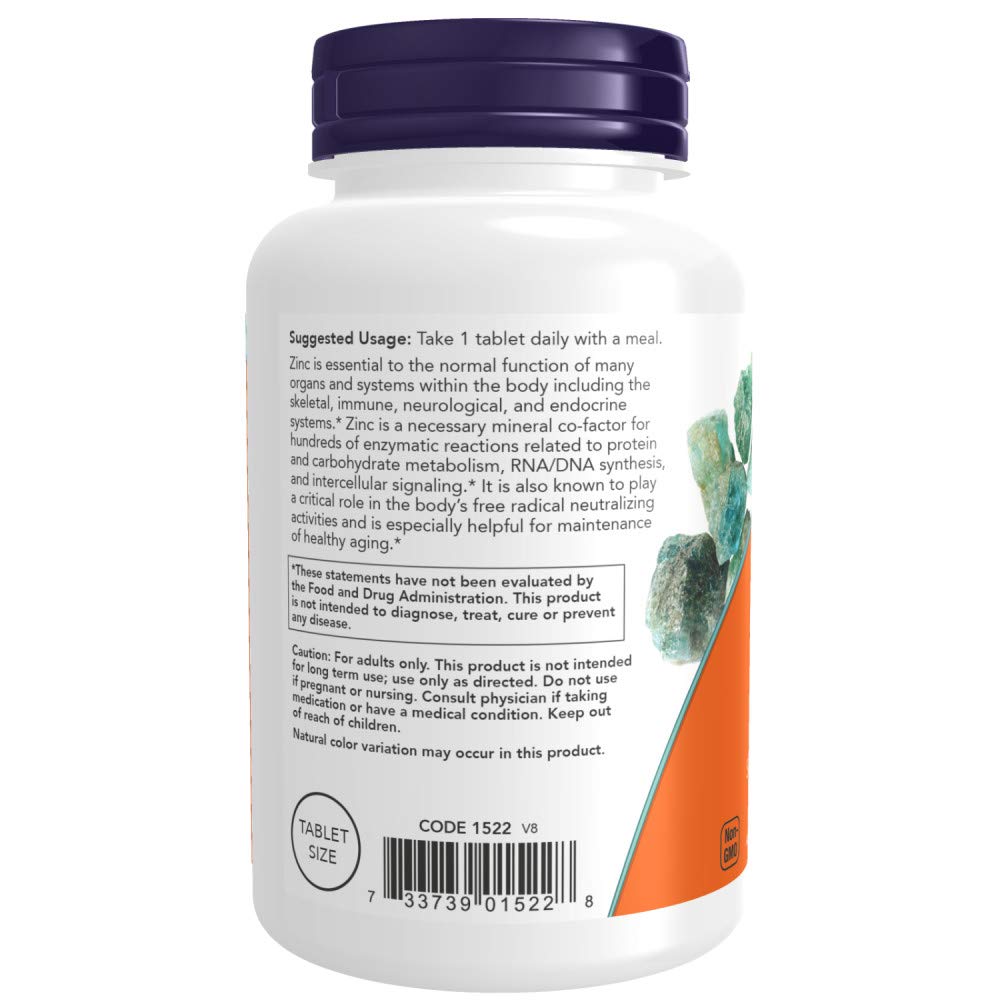 NOW Foods Zinc 50 mg, comprimés visibles, format quotidien pratique.