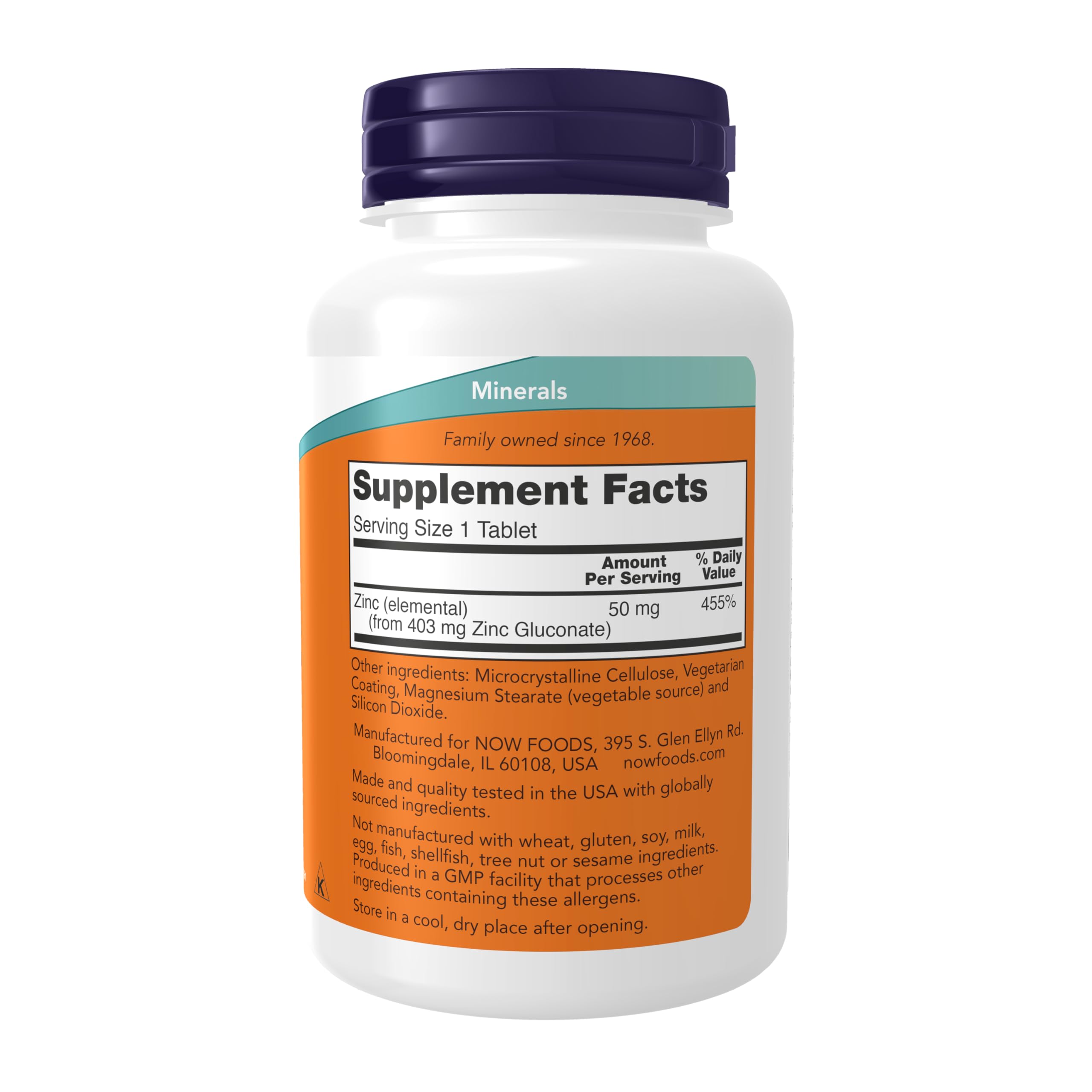 NOW Foods Zinc Gluconate 50 mg – emballage, indication du dosage et composant.