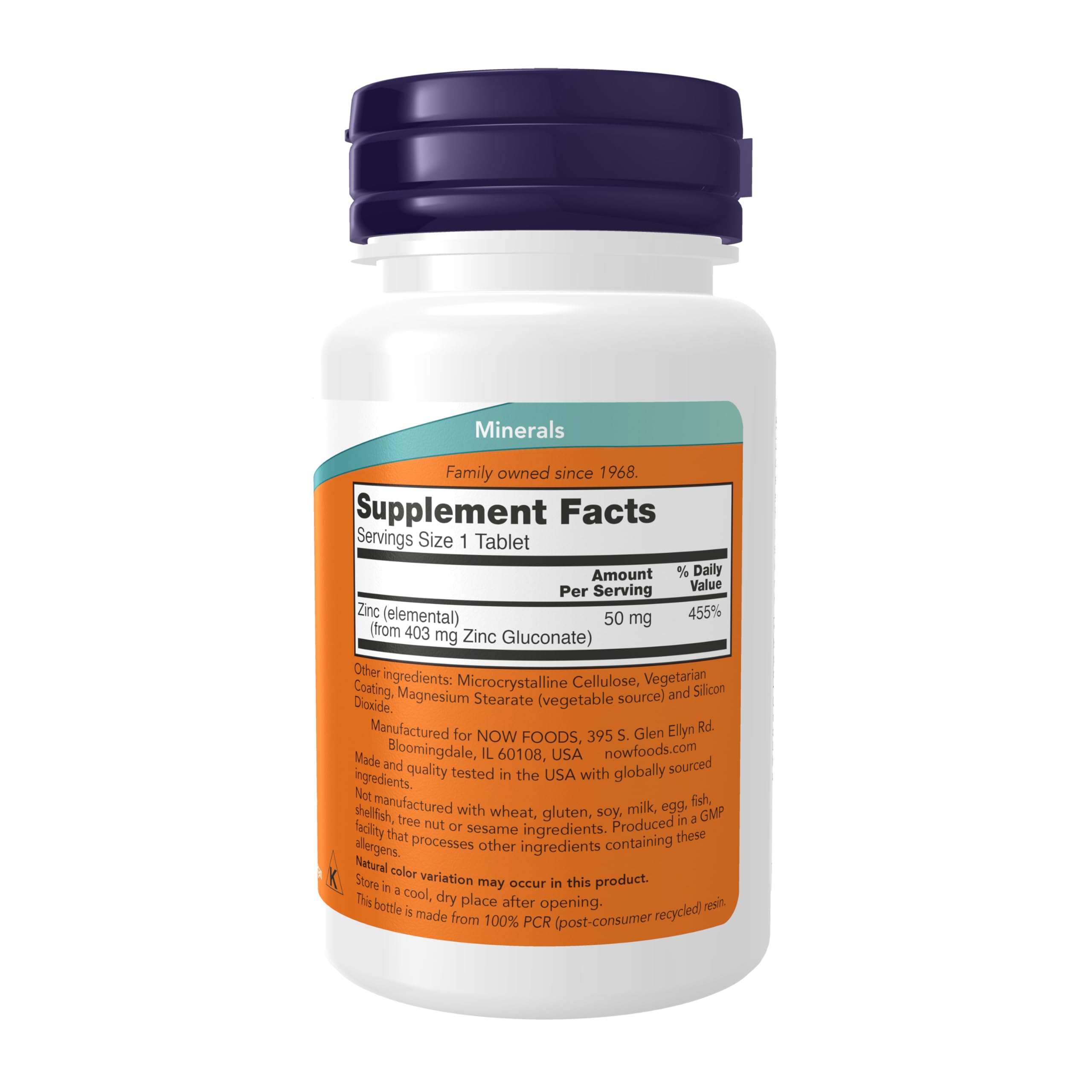 NOW Foods Zinc Gluconate sur l’étiquette, mentionnant 50 mg par comprimé.