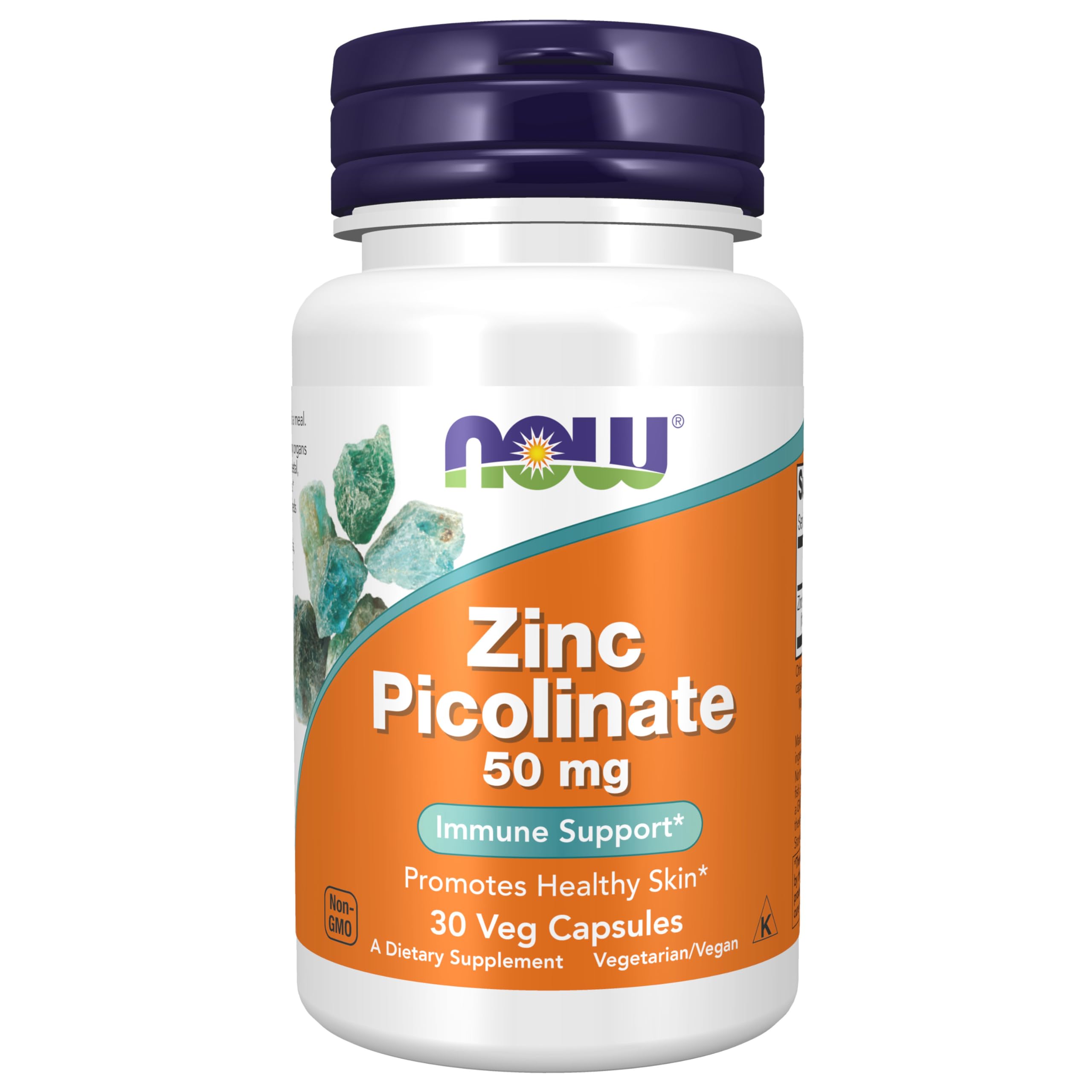 NOW Foods Zinc Picolinate 50 mg – bouteille illustrée, soutien potentiel des enzymes et de l'immunité.