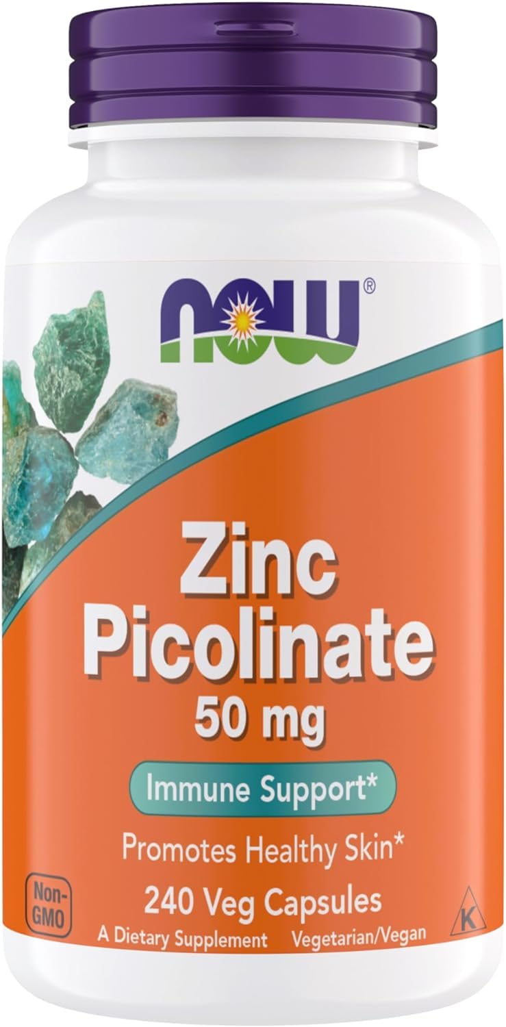 NOW Foods Zinc Picolinate 50 mg : bocal de capsules, soutien immunitaire potentiel.
