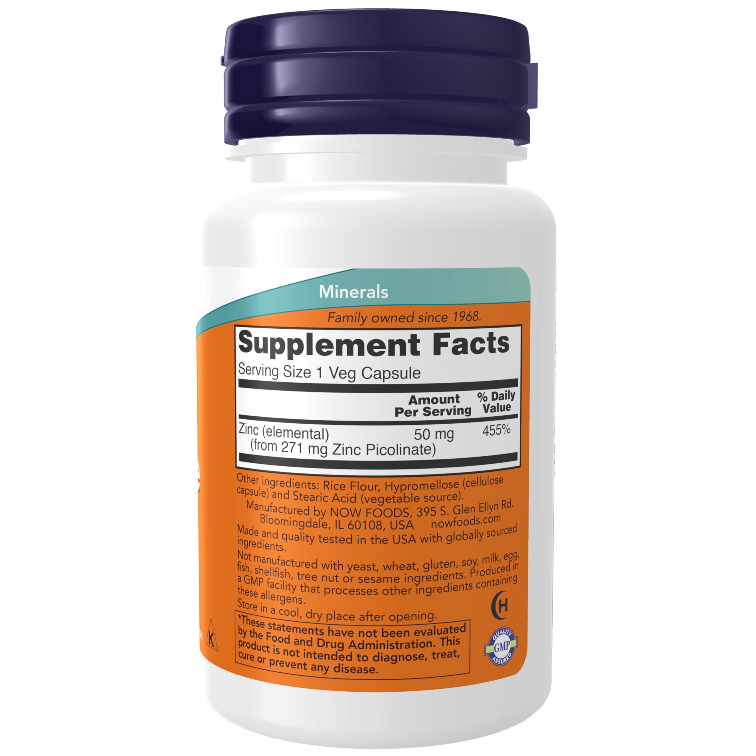 NOW Foods Zinc Picolinate 50 mg – capsules végétales, prise quotidienne possible pour le bien-être général.