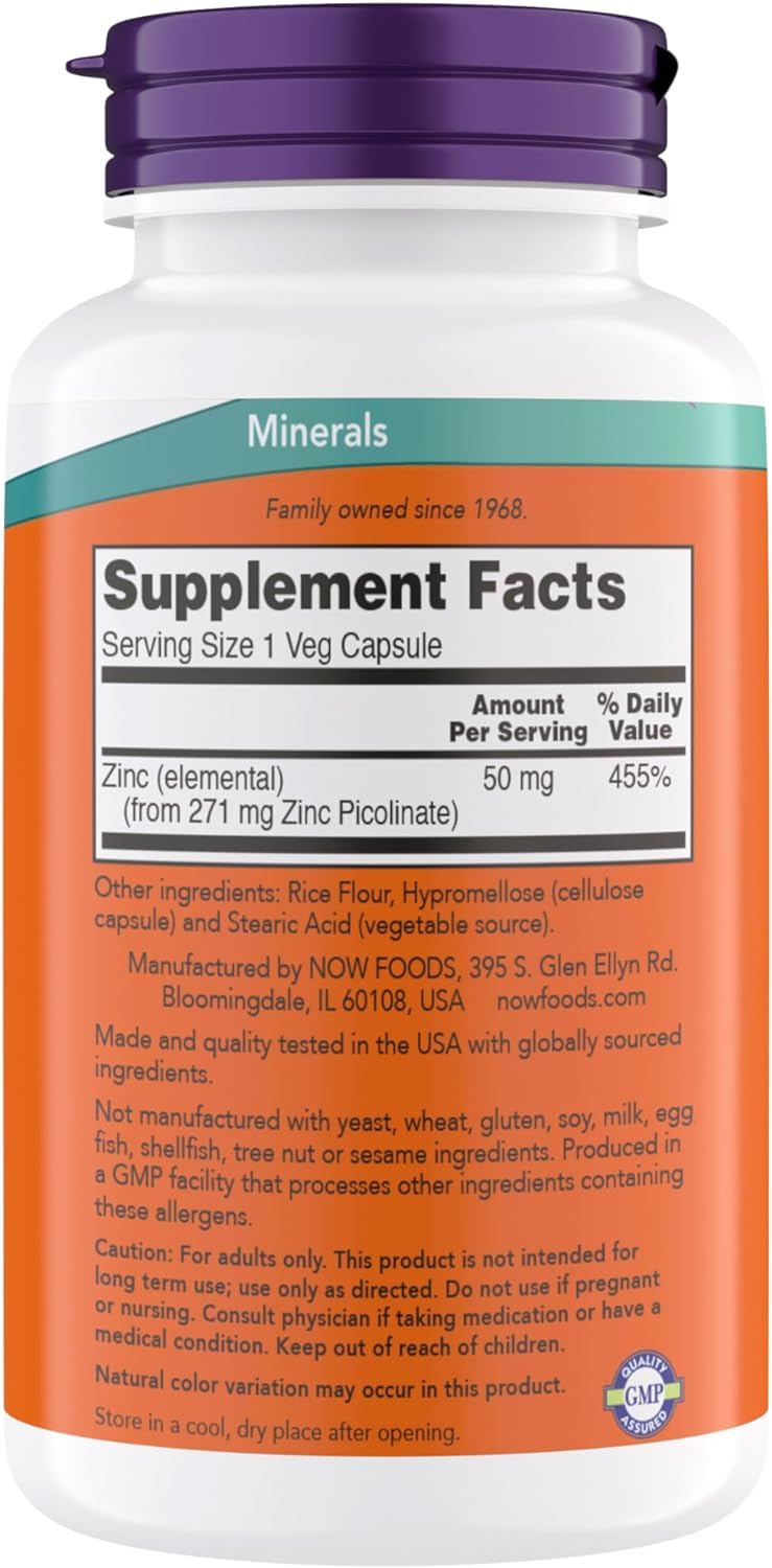 NOW Foods Zinc Picolinate 50 mg : capsules faciles à avaler pour une routine quotidienne.