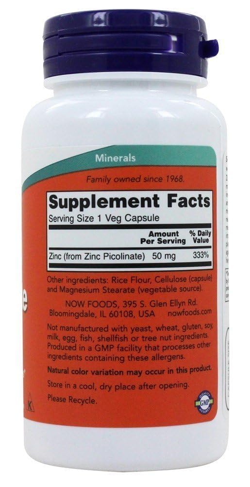 Étiquette NOW Foods Zinc Picolinate indiquant les informations nutritionnelles.