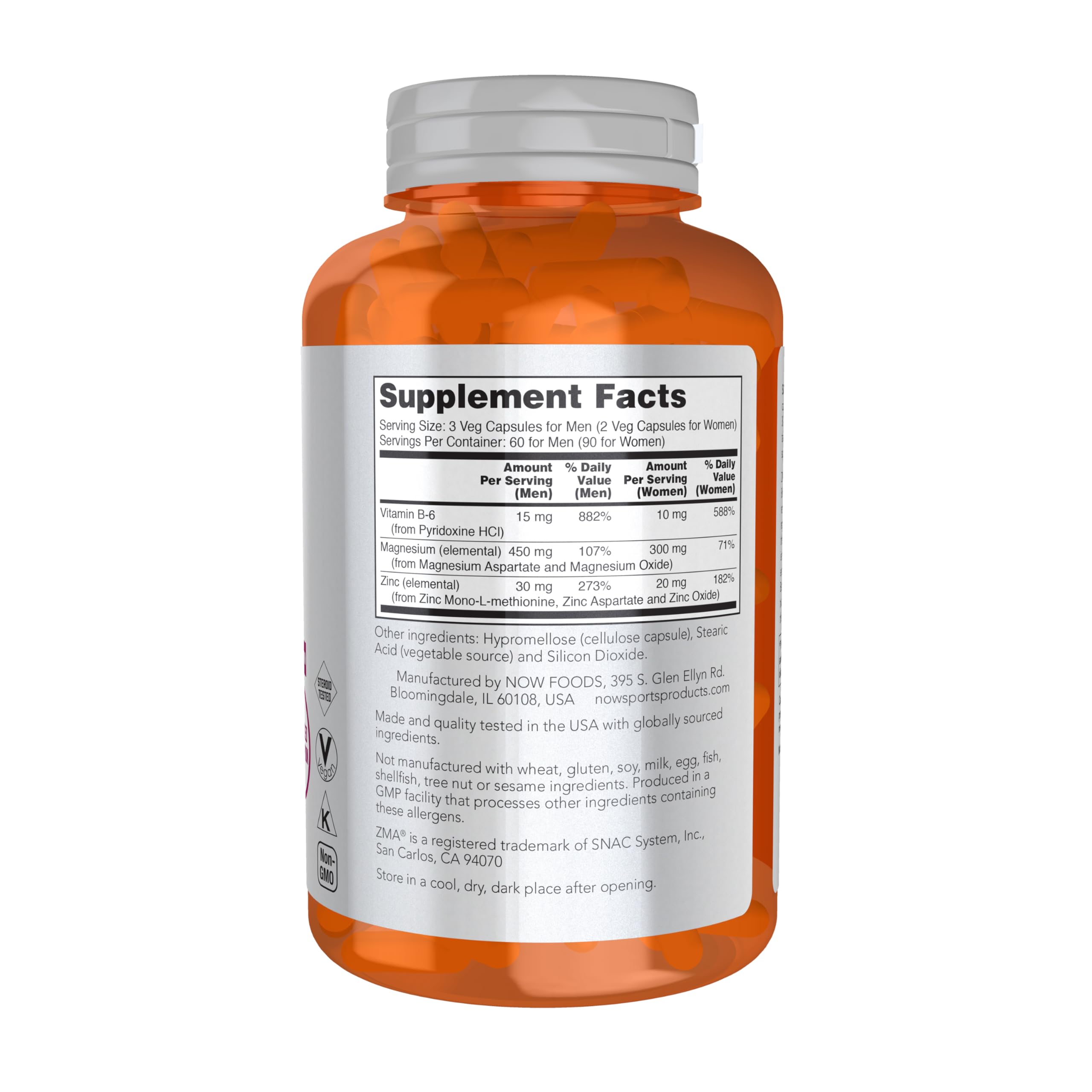 NOW Foods ZMA – tableau nutritionnel clair et informatif.