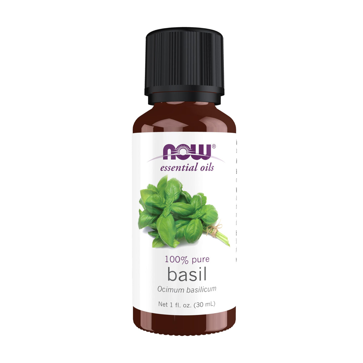 NOW huile de basilic — bouteille 1oz — énergie naturelle et parfum vivifiant.