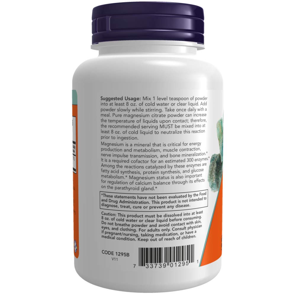 NOW Magnésium Citrate Poudre, dissolution facile, idéal dans smoothie matinal.