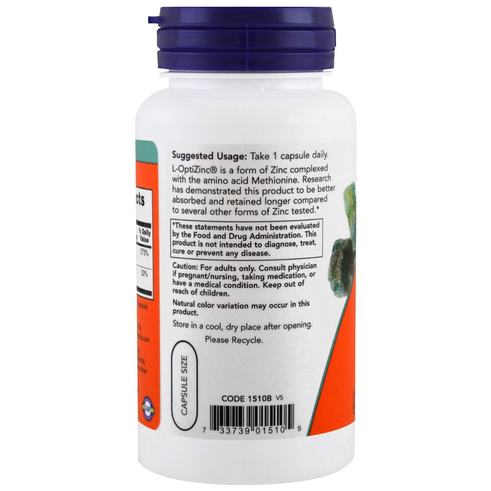 NOW Opti L-zinc: capsules argentées, apporte cuivre et antioxydants potentiels.
