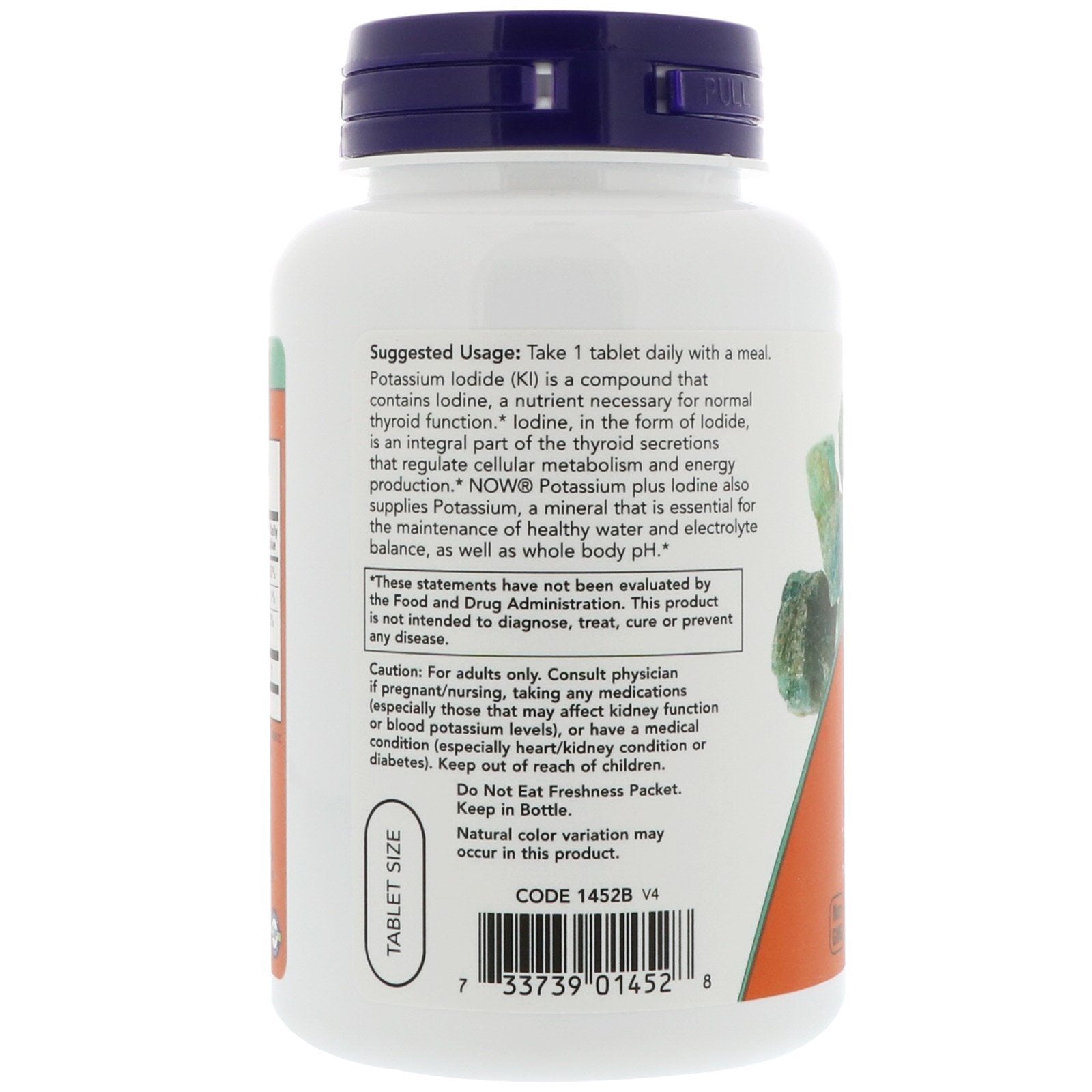 NOW Potassium Plus Iodine – étiquette claire sur les comprimés, usage simple et clair.