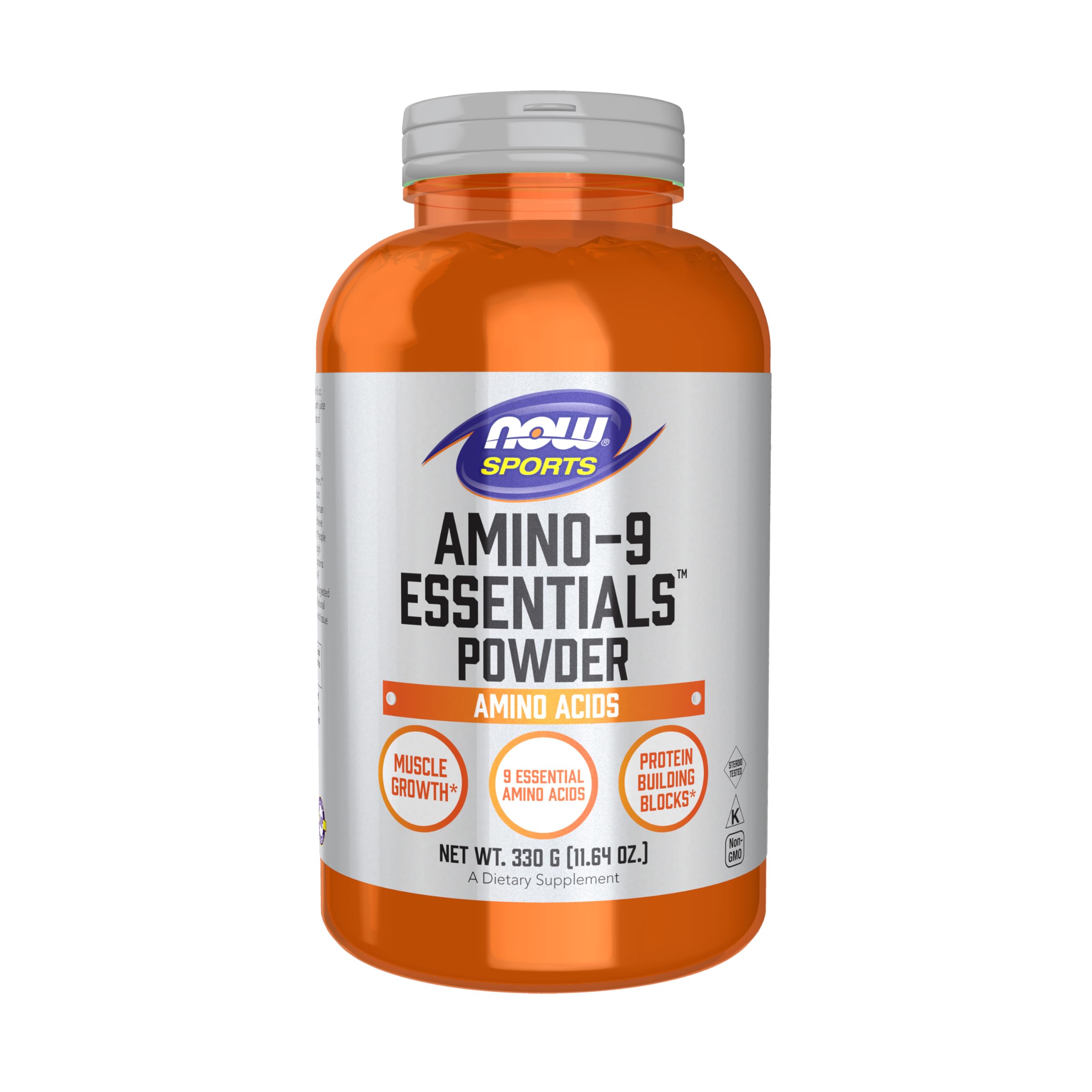 NOW Sports Amino-9 Essentials en bouteille ouverte avec doseur prêt à mesurer.
