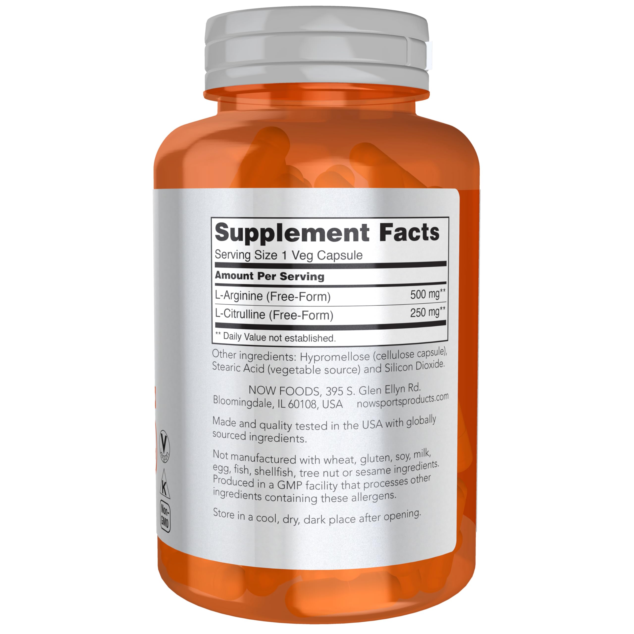 NOW Sports Arginine Citrulline capsules: format végan pratique avant l’entraînement.