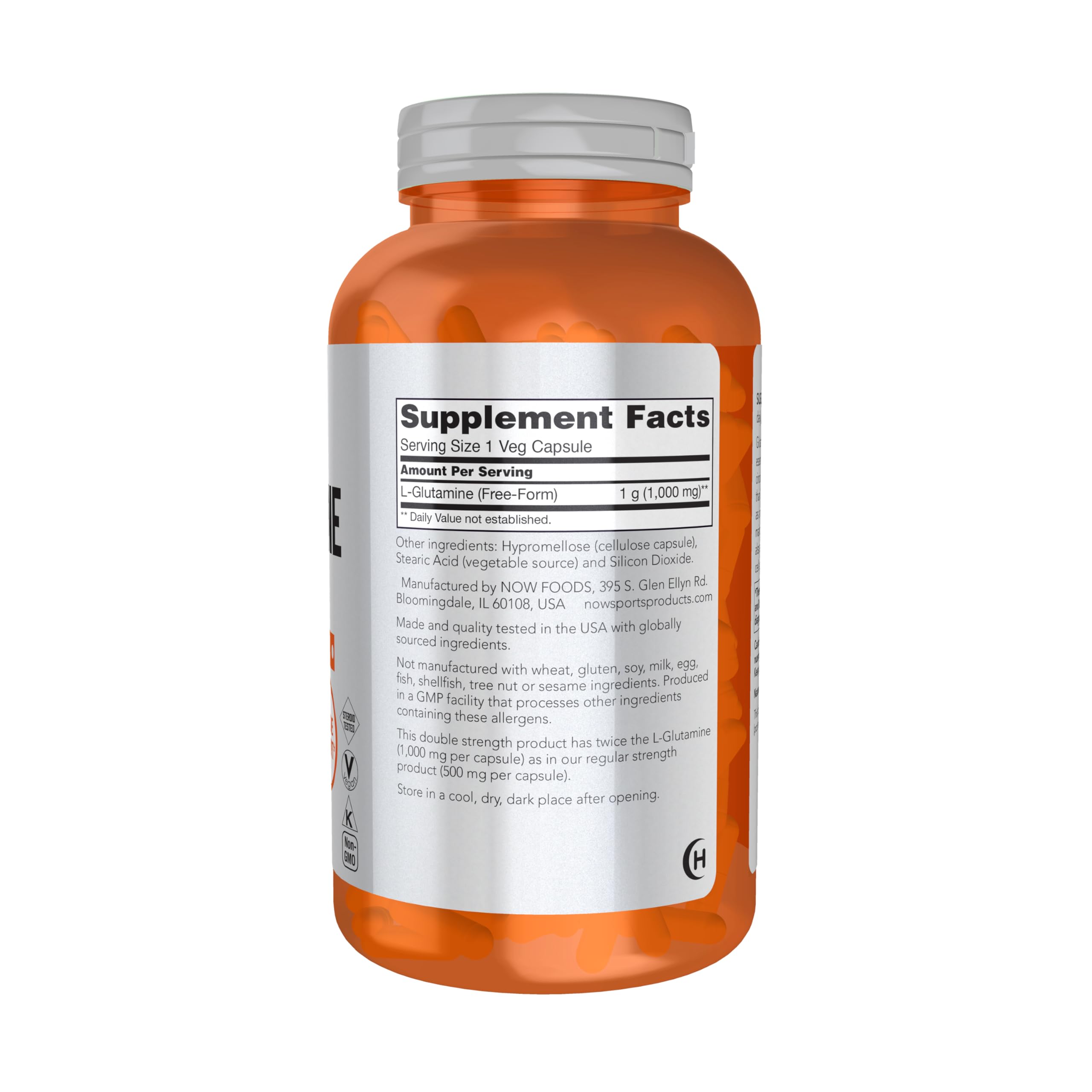 NOW Foods Glutamine, capsules 1000mg en zoom, source pratique d'acides aminés.